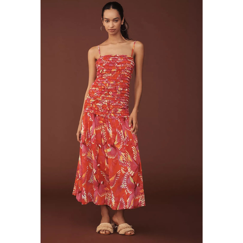 New Anthropologie Farm Rio Shirred Drop-Waist Midi Dress $298 LARGE Orange FARM Rio