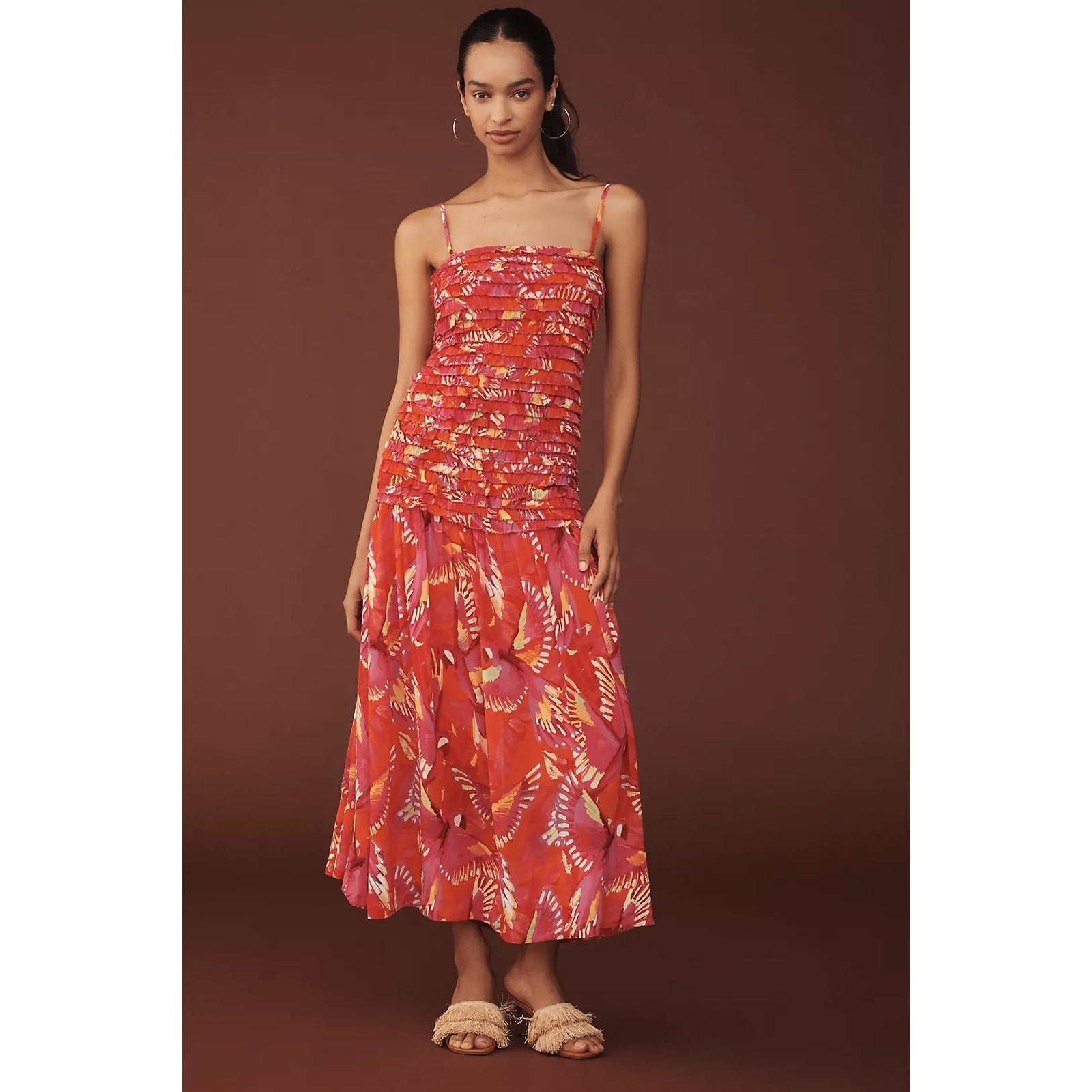 New Anthropologie Farm Rio Shirred Drop-Waist Midi Dress $298 LARGE Orange FARM Rio