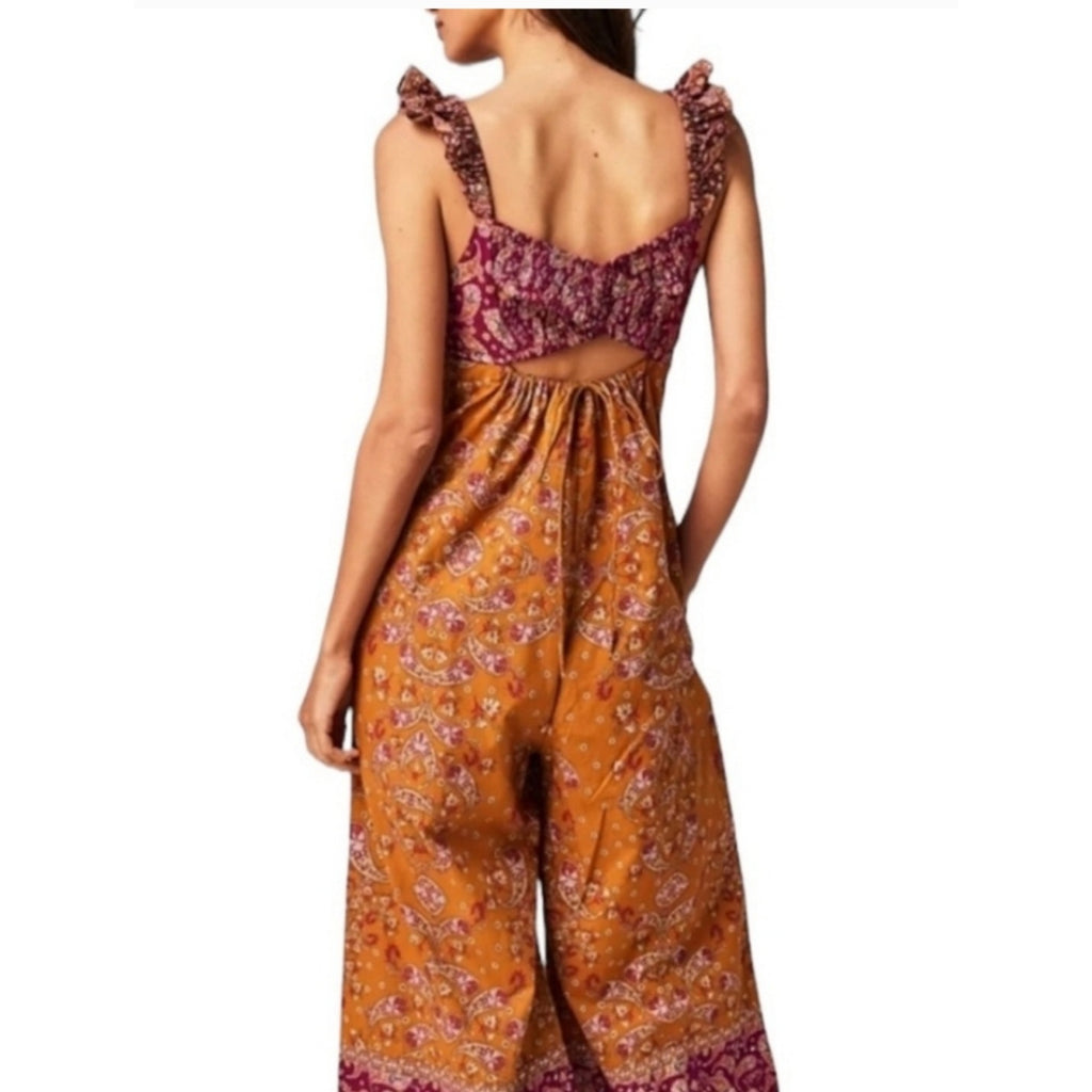 New FREE PEOPLE Bali Albright Jumpsuit $148 SMALL Gold Combo Paisley Boho