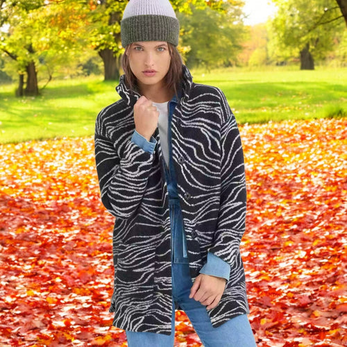 Women's funnel-neck cardigan with black-and-white zebra wavy stripe knit, longline