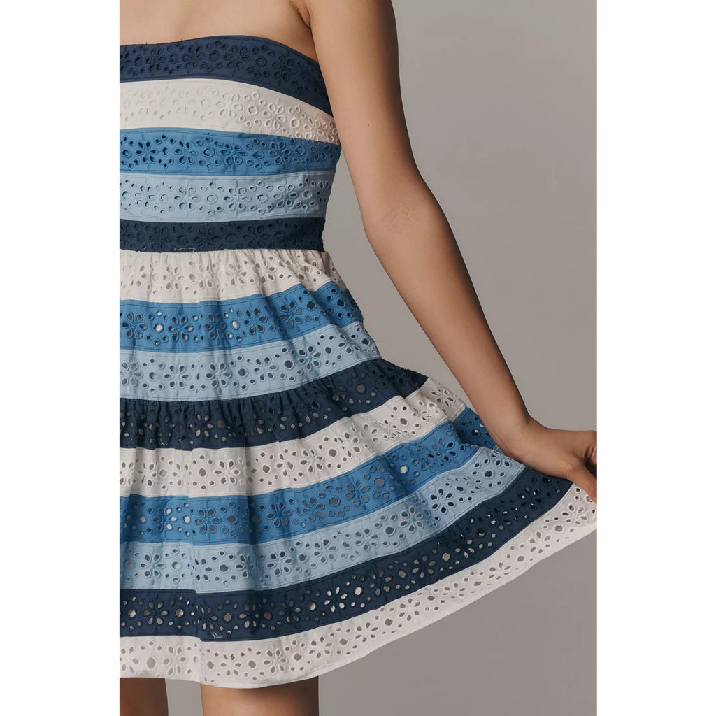 Anthropologie Maeve Strapless Cotton Lace Mini Dress XL Blue Striped Anthropologie