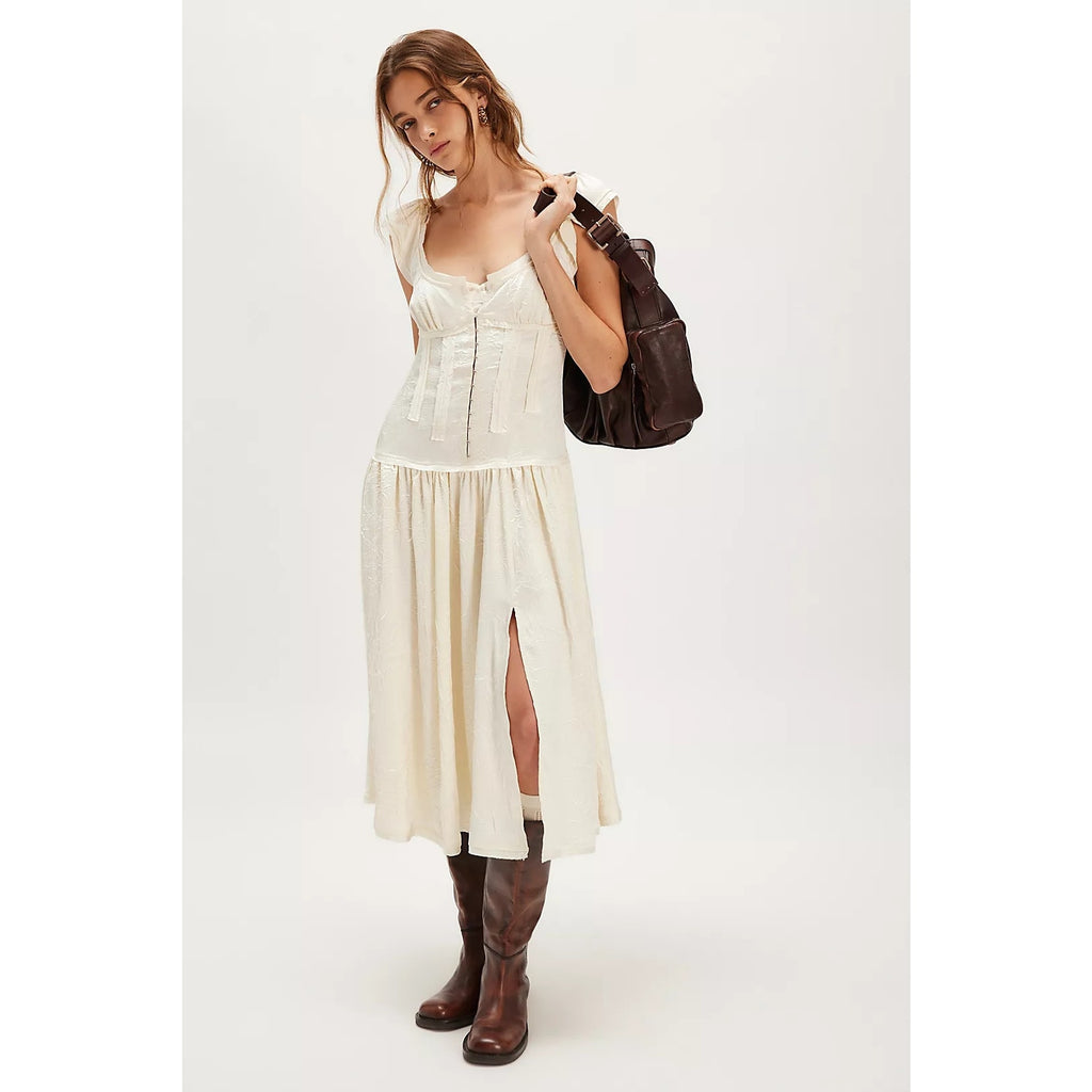 Free People Loveday Midi Dress MEDIUM Ivory Bohemian Drop Waist Free People