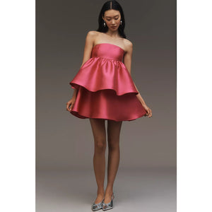 Anthropologie Hutch Strapless Tiered Mini Dress SATIN MEDIUM Pink