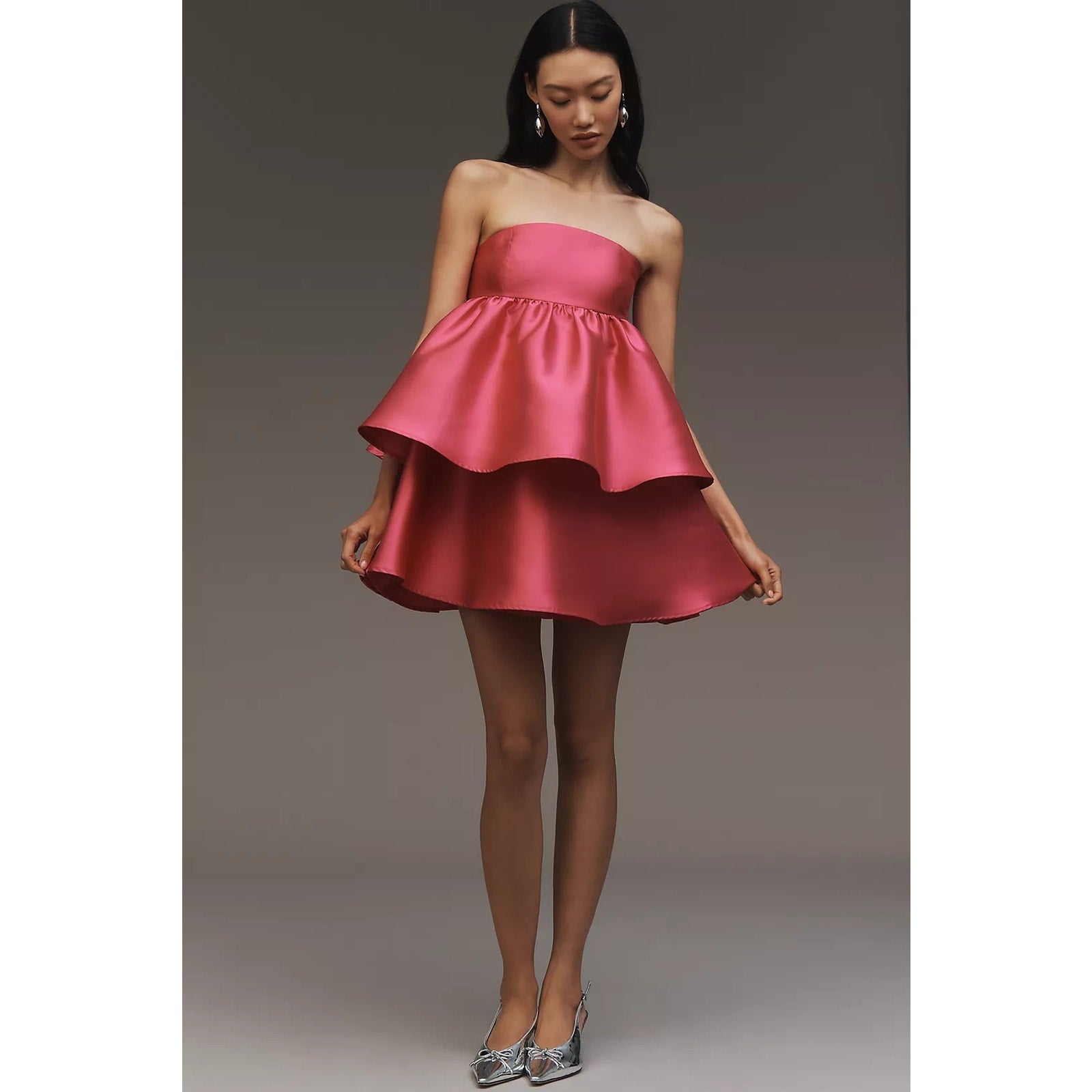 Anthropologie Hutch Strapless Tiered Mini Dress SATIN MEDIUM Pink Anthropologie