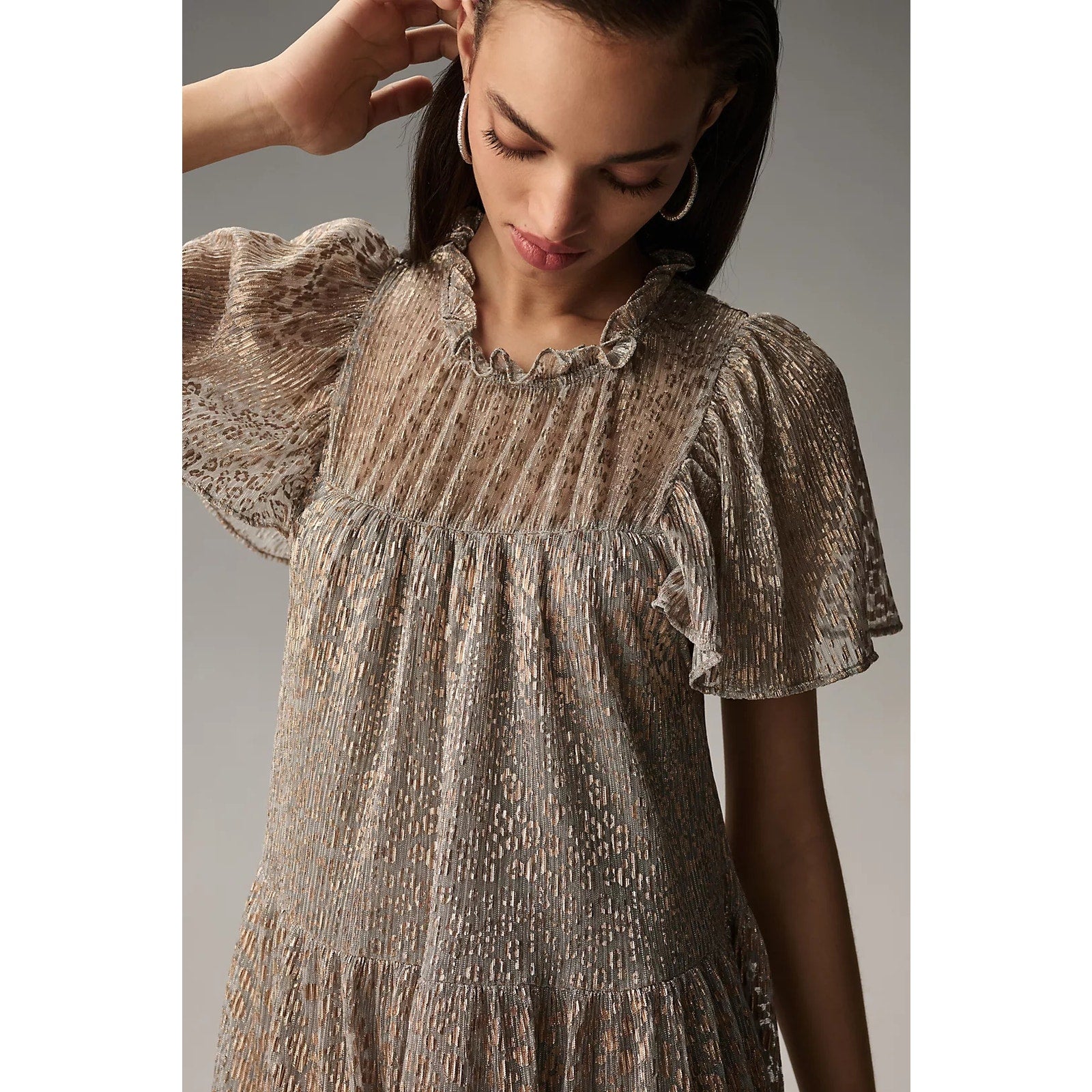 New By Anthropologie Short-Sleeve Mock-Neck Maxi Dress $178 SMALL Silver & Gold