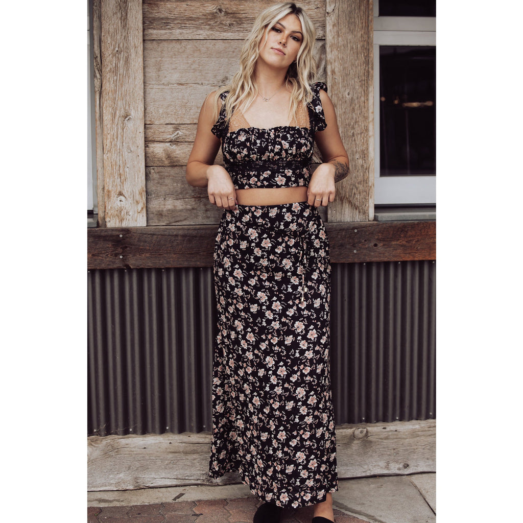 Free People Bijou Smocked Top and Maxi Skirt Set Sz 4 Black Floral Boho Free People