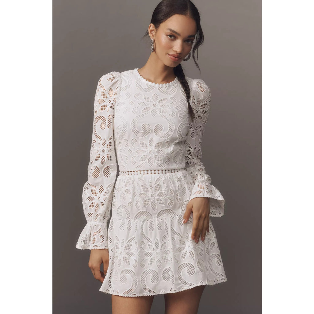 Anthropologie Saylor Marilla Long-Sleeve Eyelet Lace Mini Dress Large Anthropologie
