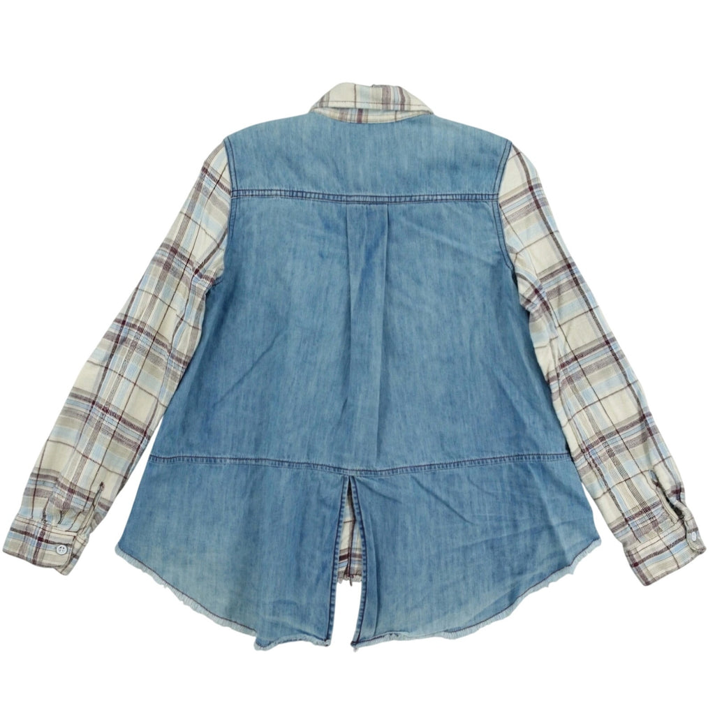 Free People Roadtrip Getaway Flannel Button Shirt $128 MEDIUM Swan BLUE