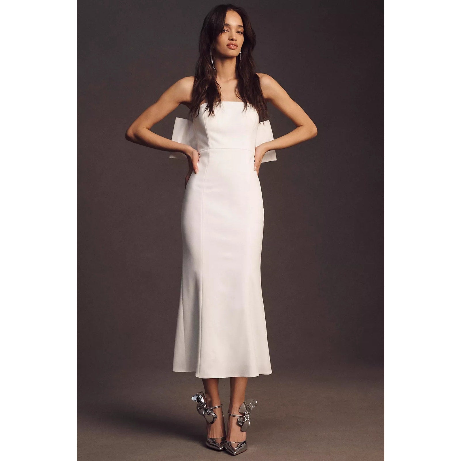 Anthropologie BHLDN Suzanne Stretch Crepe Back-Bow Midi Dress MEDIUM White BHLDN