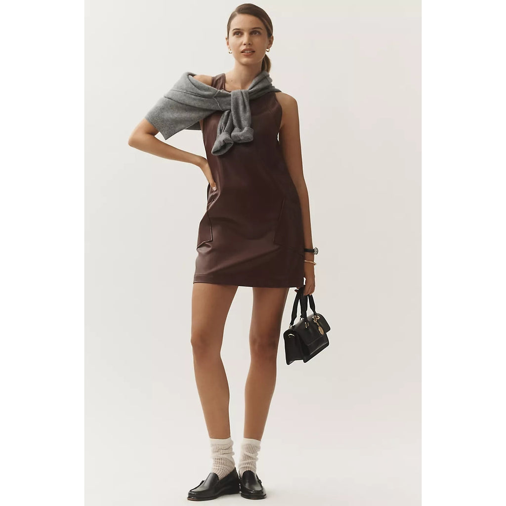 Anthropologie Maeve Sleeveless FauxLeather Shift Mini Dress $178 LARGE Brown