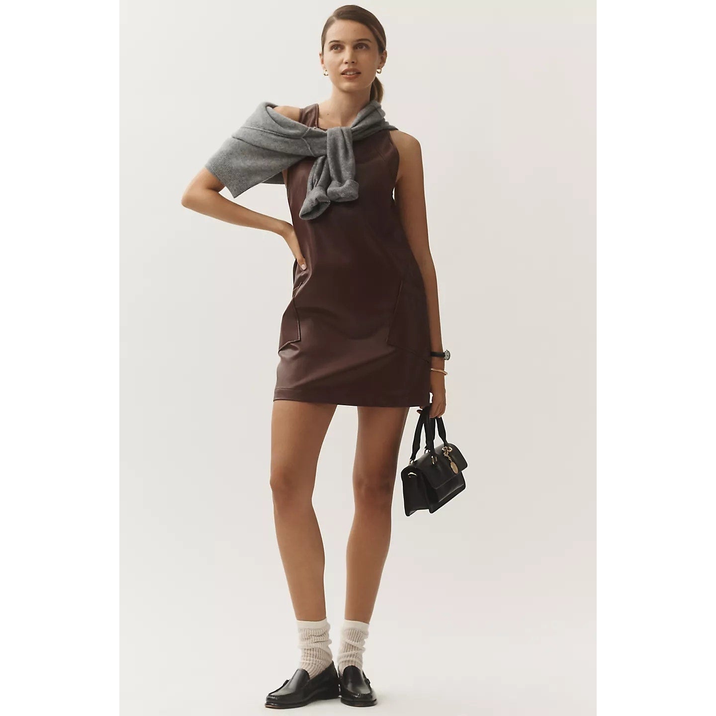 Anthropologie Maeve Sleeveless FauxLeather Shift Mini Dress $178 LARGE Brown