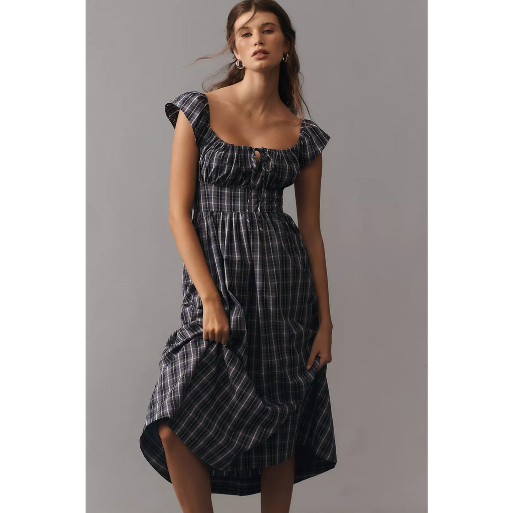 New By Anthropologie Flutter-Sleeve Square-Neck Midi Dress $168 SMALL Blue Plaid Anthropologie