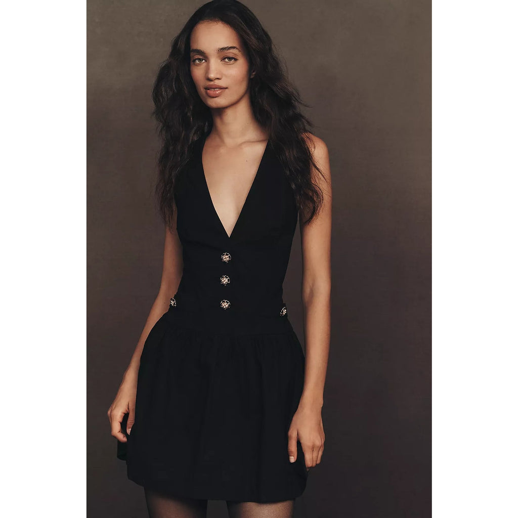 Black V-neck mini dress with faux fur leopard collar and gold front buttons
