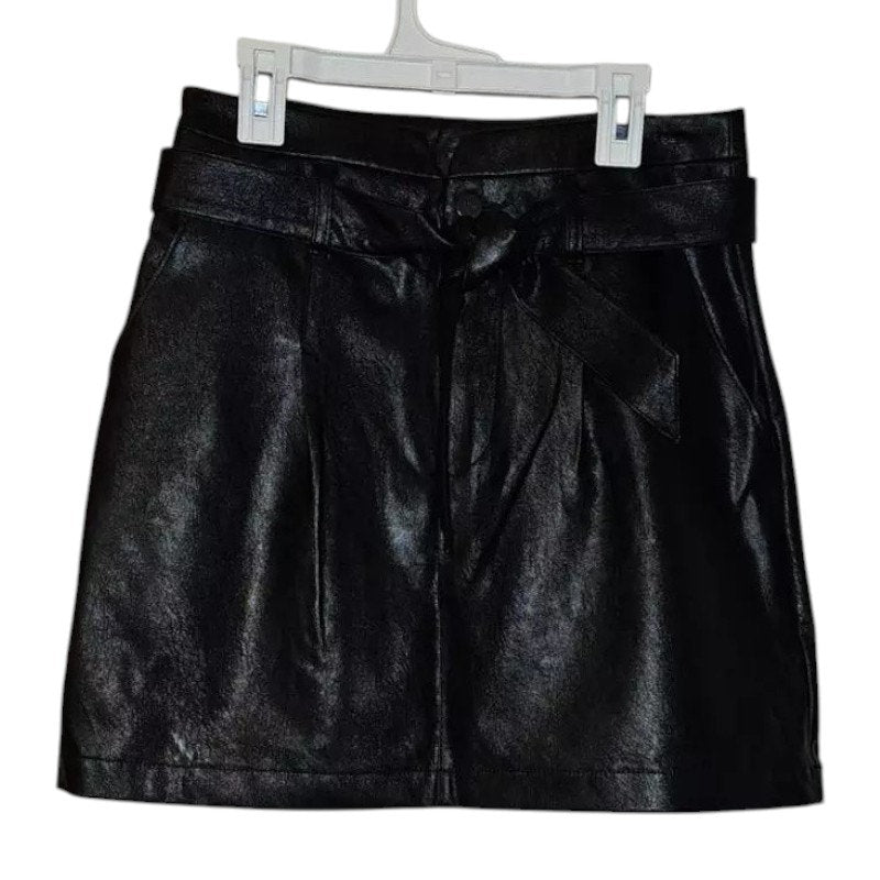 New Anthropologie Paige Vegan Leather Tie Mini Skirt $199 Sz 27 (4) BELTED Black