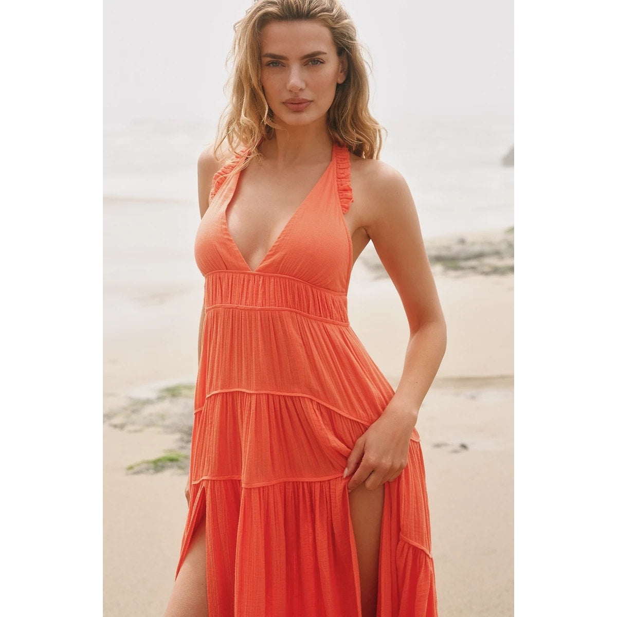 Anthropologie Celandine Sleeveless Plunge Midi Dress X-LARGE Orange Anthropologie