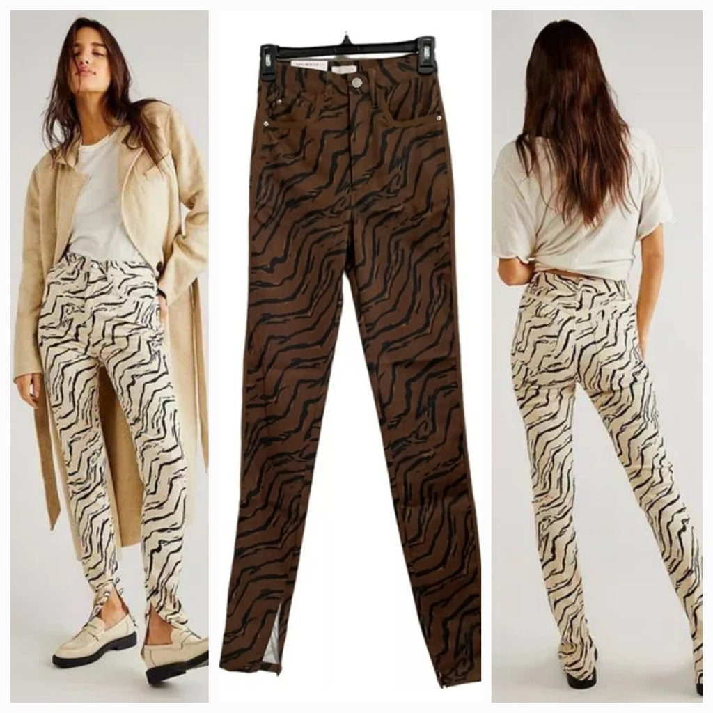 New Free People x We Wore What Piped Stiletto Slit Jeans $148 Sz 26 Tiger Brown