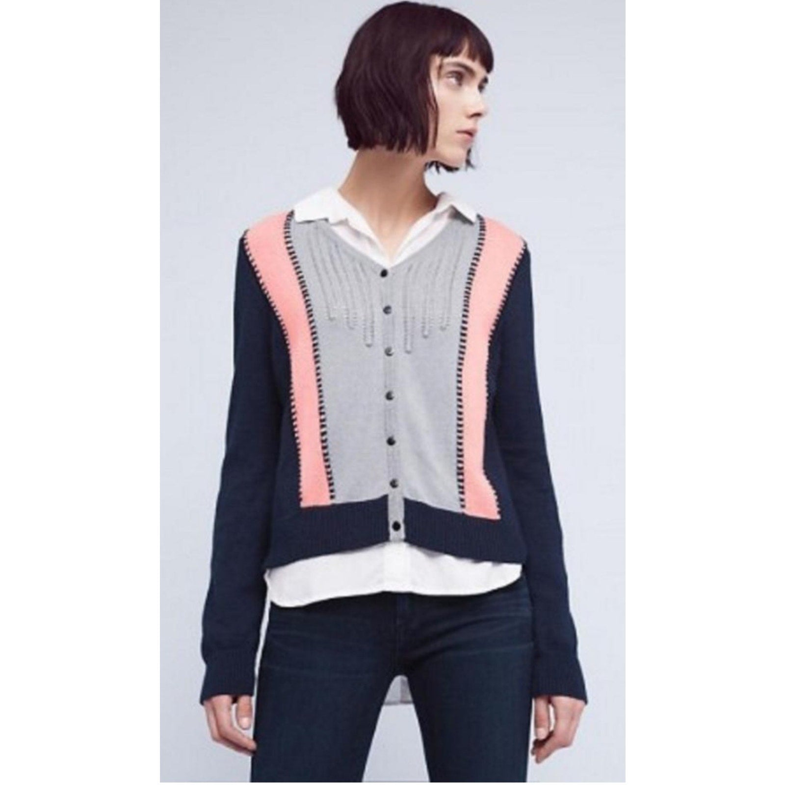 NEW $128.00 Anthropologie Cropped Colorblock Cardigan By Lili's Closet Sz Small