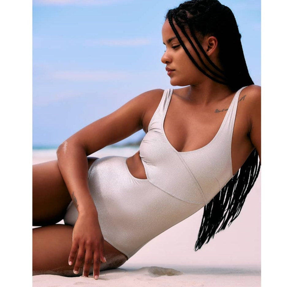 New Free People Solid & Striped The Reese One-Piece Swimsuit $188 SMALL Silver