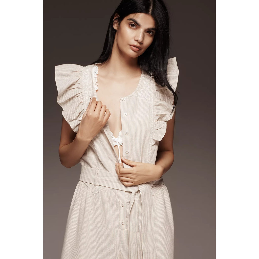 By Anthropologie Linen Blend Ruffle Jumpsuit SMALL Neutral PINSTRIPE Anthropologie