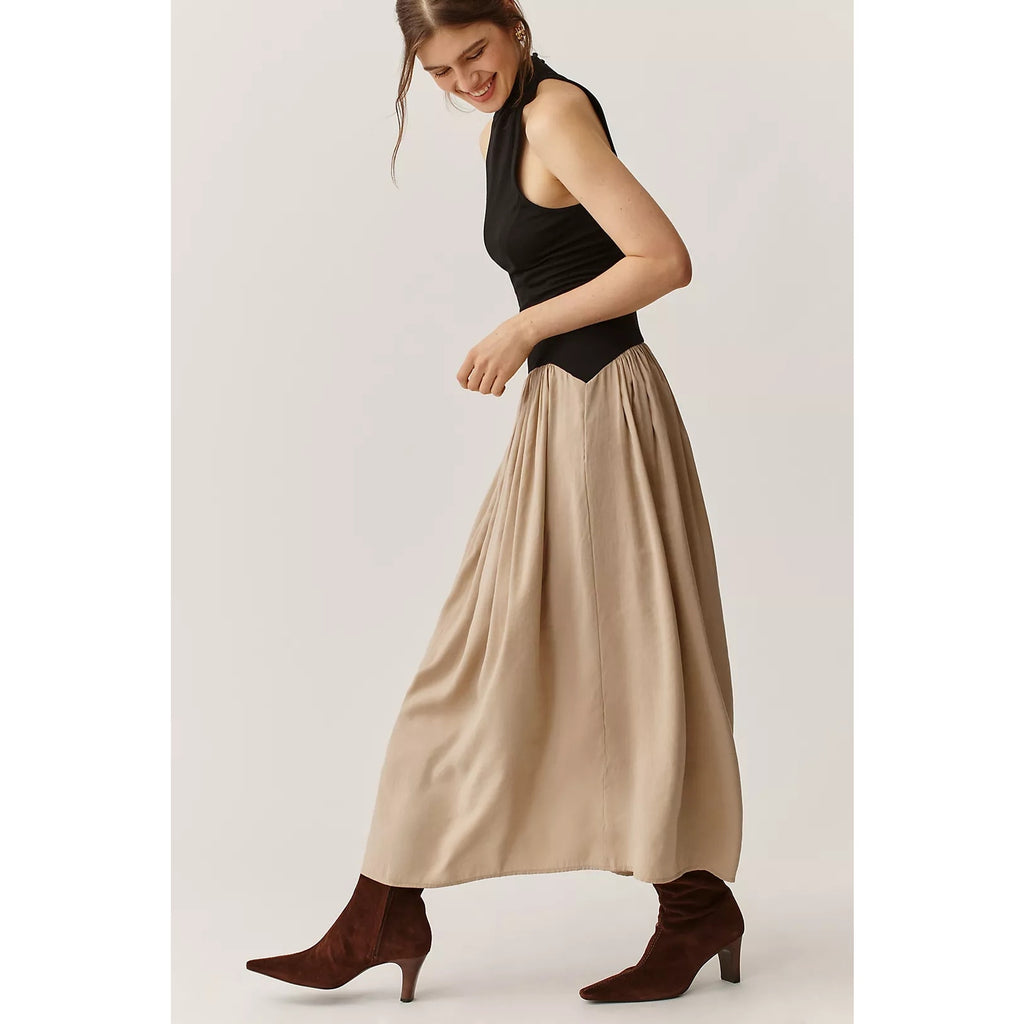 Anthropologie Maeve Mariana Drop-Waist Maxi Dress X-LARGE Black & Tan Anthropologie