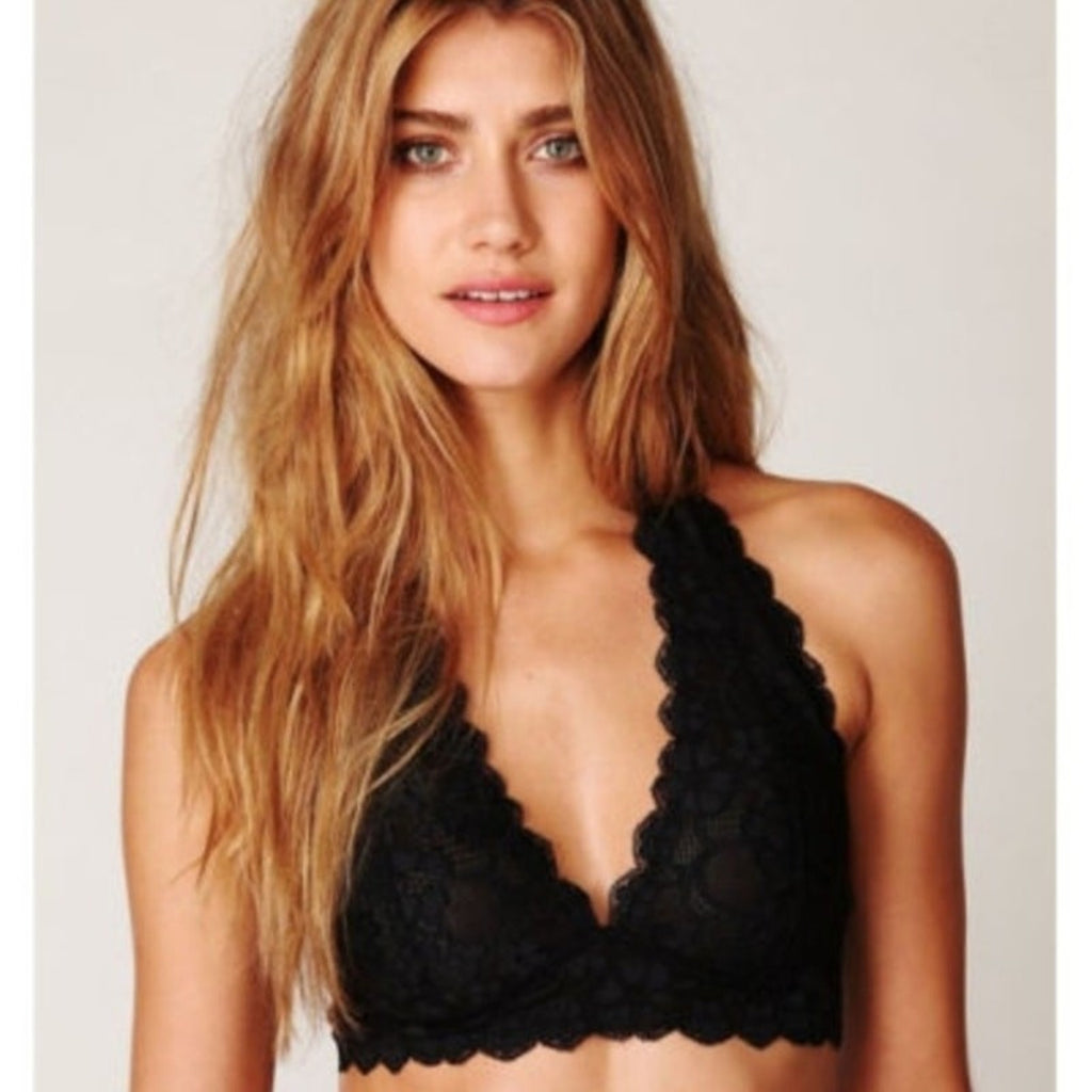 New Free People Galoon Lace Halter Bra $38 Black Sz X-Small