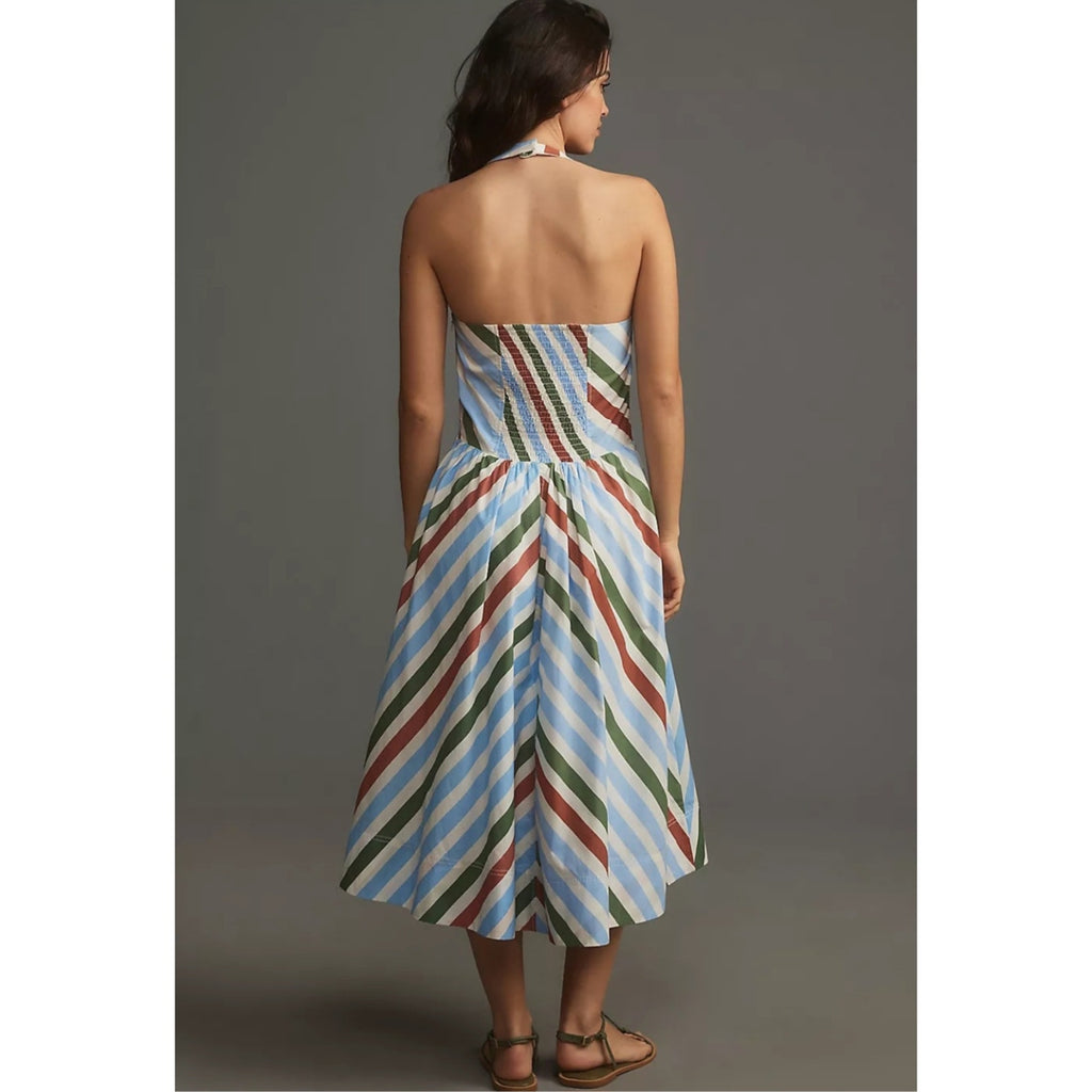 Anthropologie Maeve Halter Midi Sundress $168 XS Neutral Striped Motif