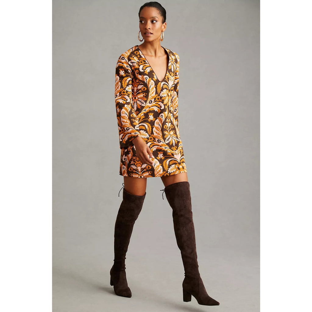 Anthropologie Maeve Bell-Sleeve Mini Dress $160 SMALL Brown