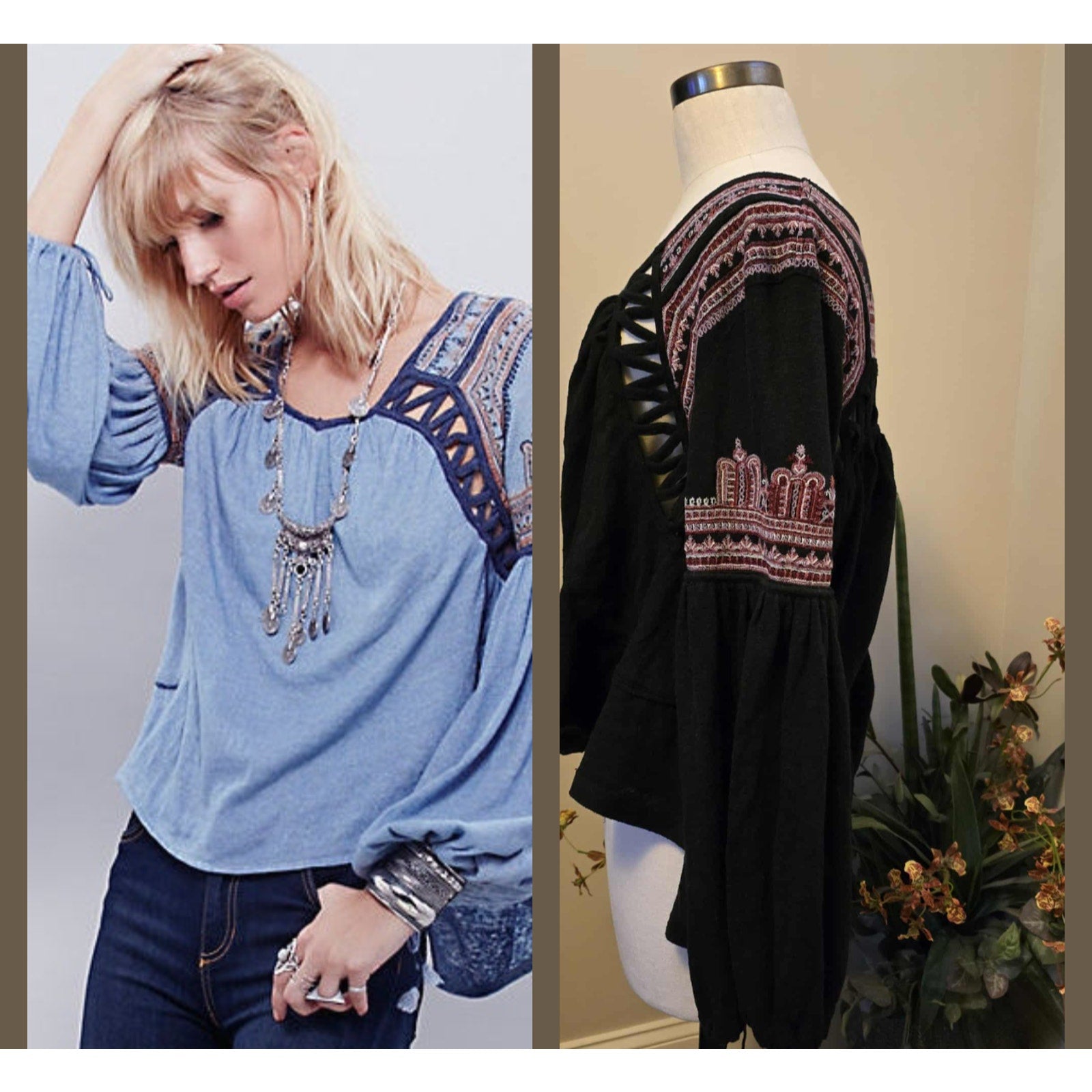 New Free People Snow Kisses Embroidered Long Sleeve Blouse $128 Small Black Boho