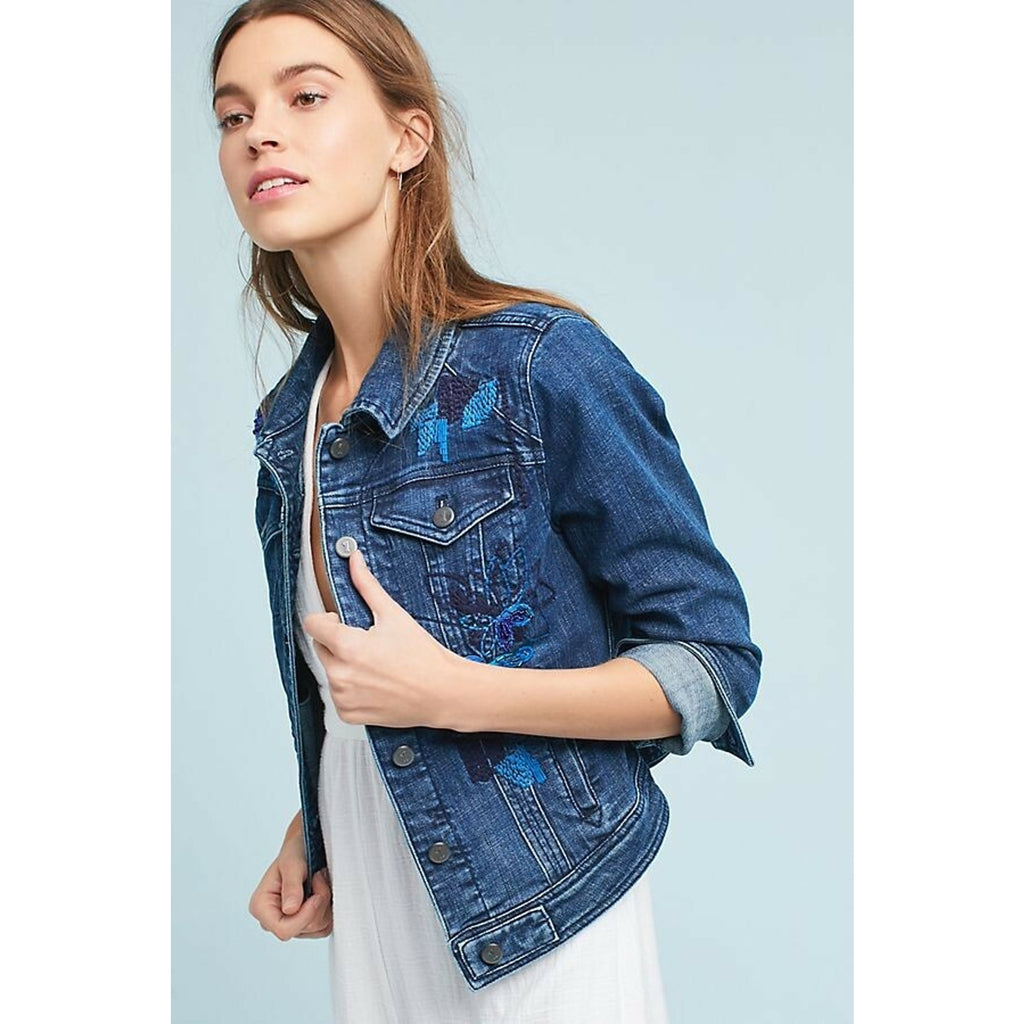 NEW Anthropologie Pilcro $168 Sequined Denim Jacket Sz Small Embroidered Beaded