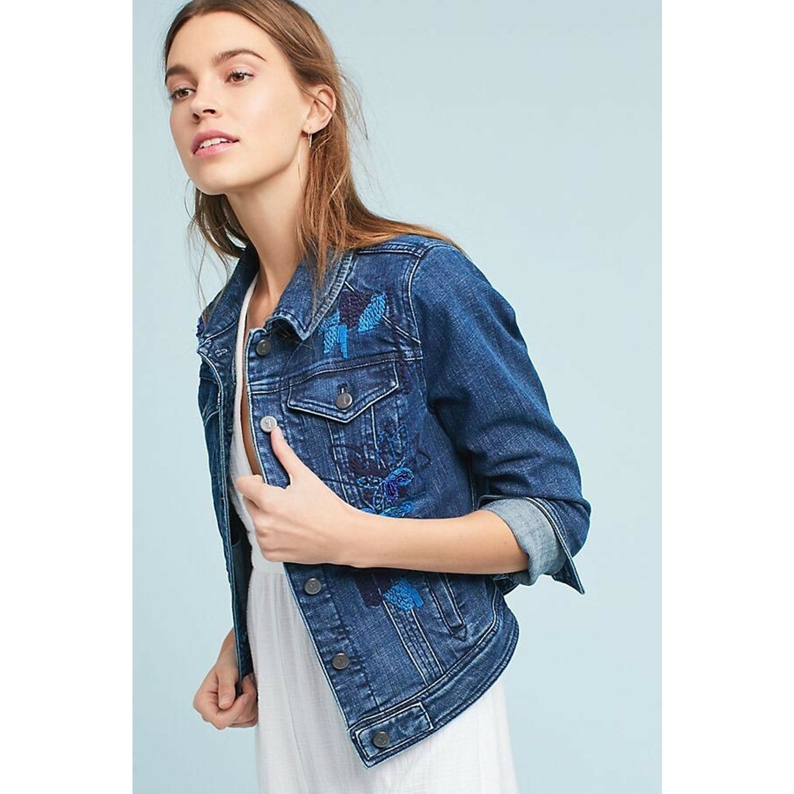 NEW Anthropologie Pilcro $168 Sequined Denim Jacket Sz Small Embroidered Beaded