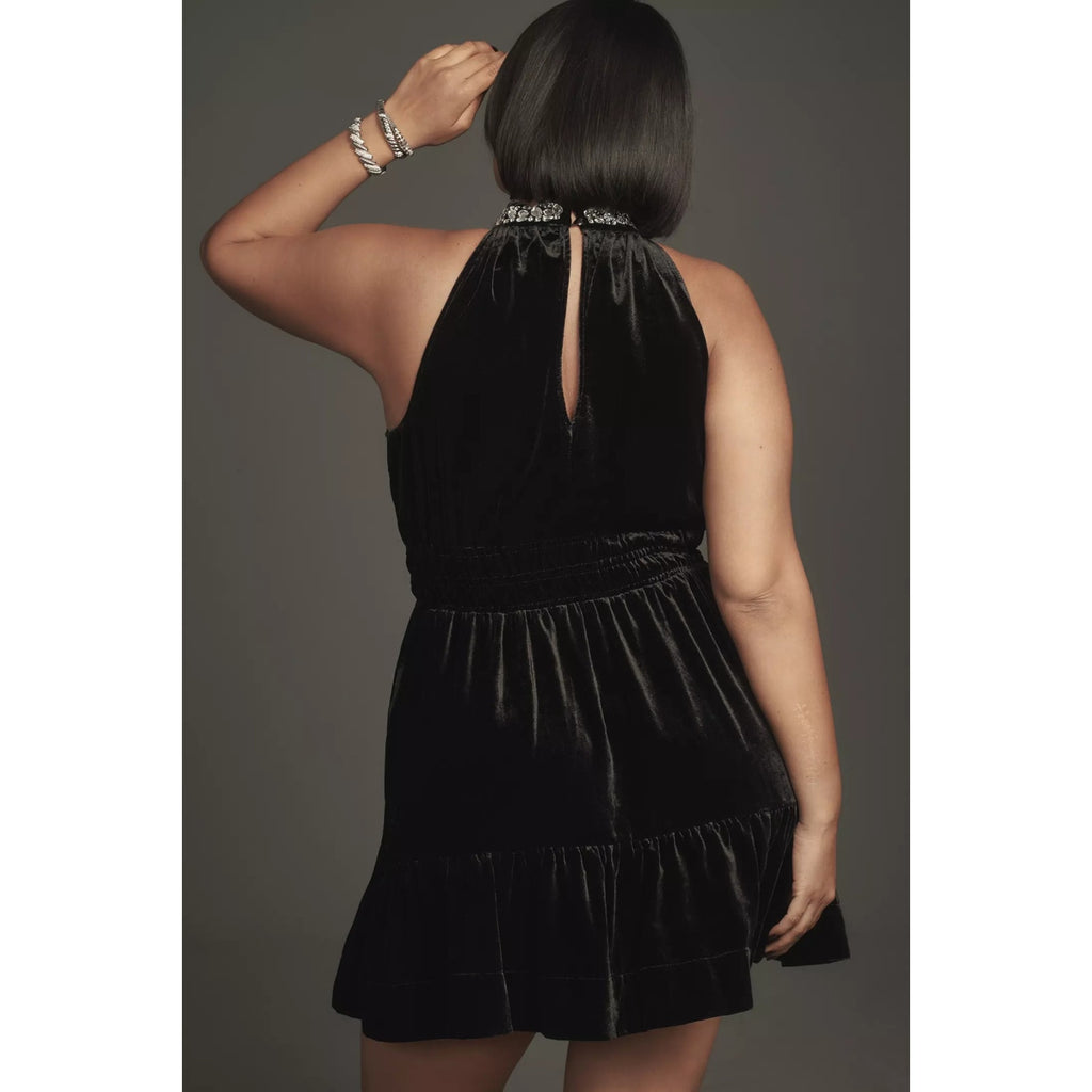 Anthropologie The Somerset Mini Dress: Velvet Halter Edition $168 1X Black