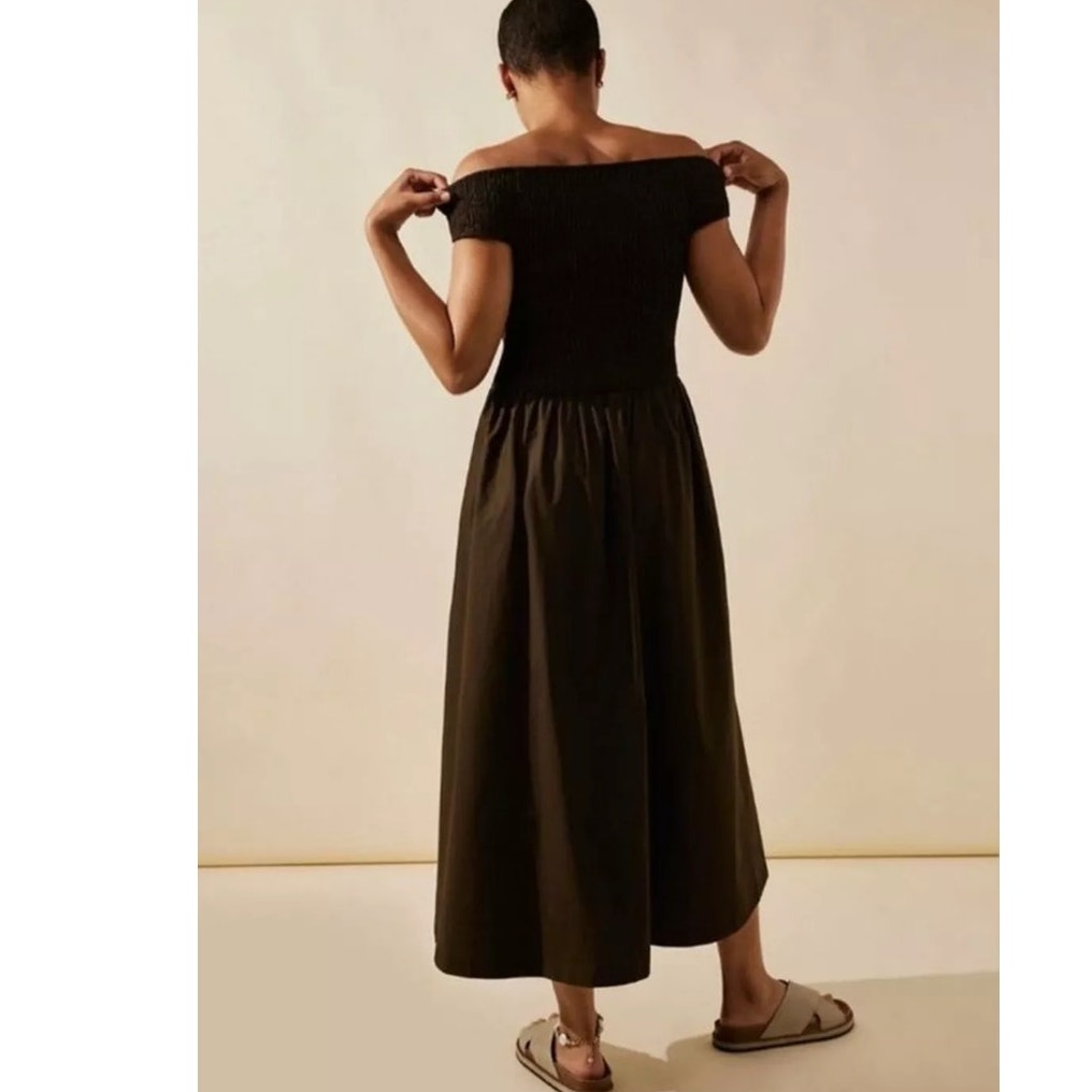 New Free People Ceci Smocked OTS Midi Dress Free-est  $98 SMALL Deep Brown