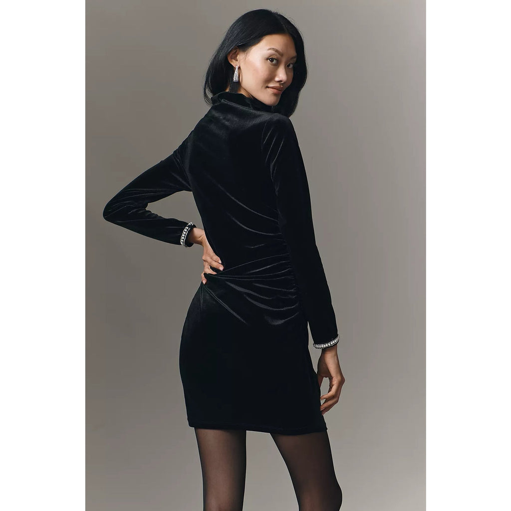 Black ruched cowl-neck mini dress, long sleeves, shiny fabric and rhinestone cuff trim