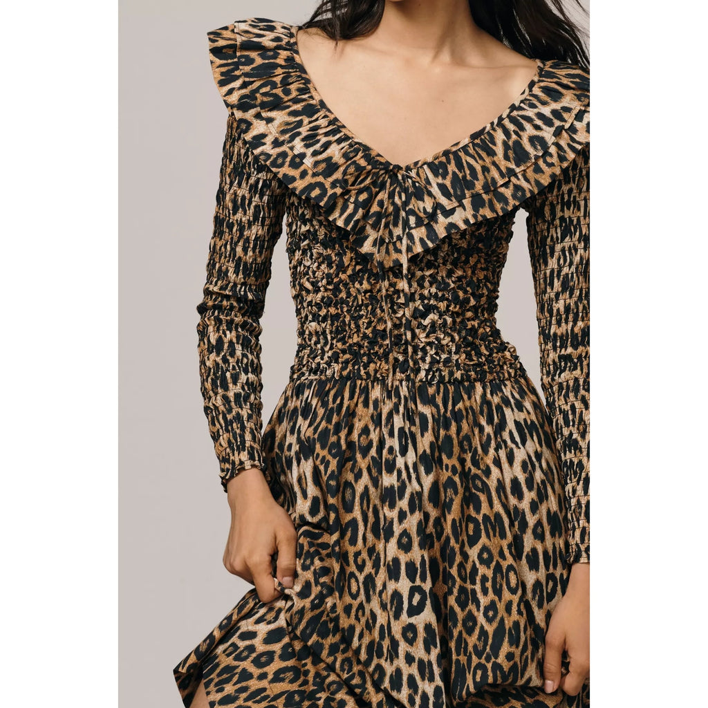 Anthropologie Damson Madder Harper Shirred Midi Dress SIZE 4 Leopard Anthropologie