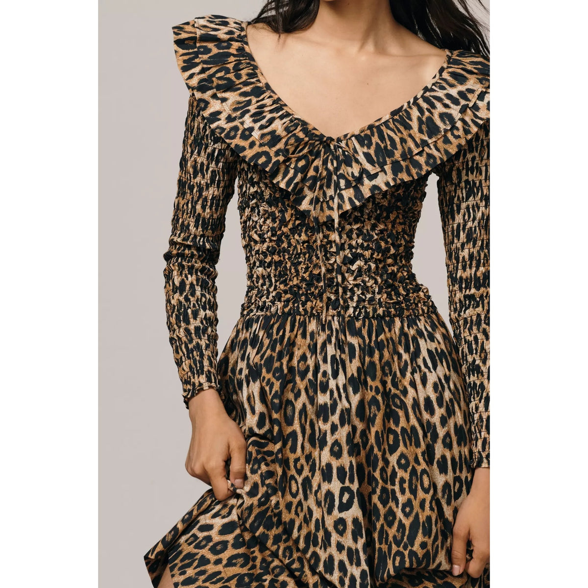 Anthropologie Damson Madder Harper Shirred Midi Dress SIZE 4 Leopard Anthropologie
