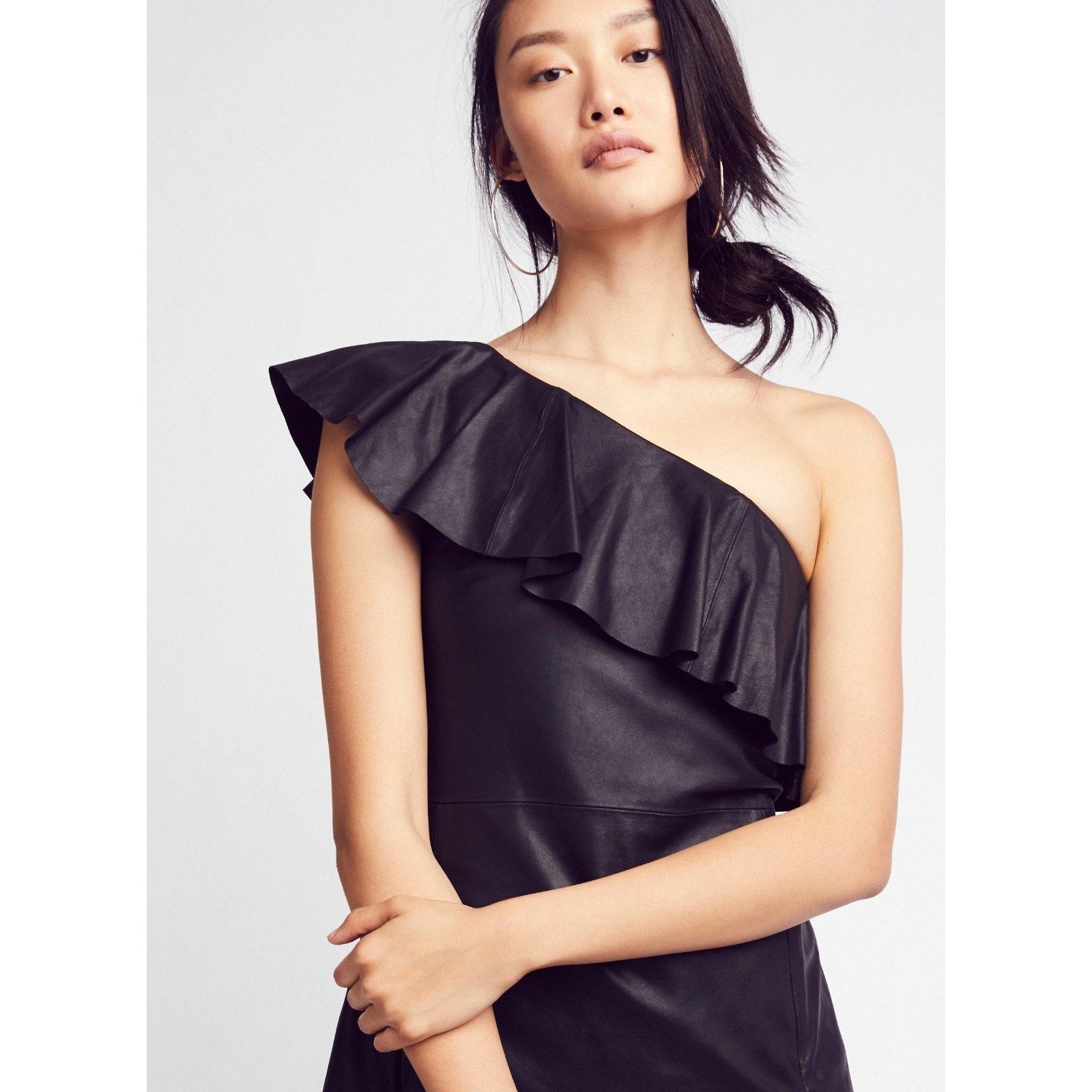 NEW Free People $350 Black Natalie One Shoulder Leather Mini Dress Size S