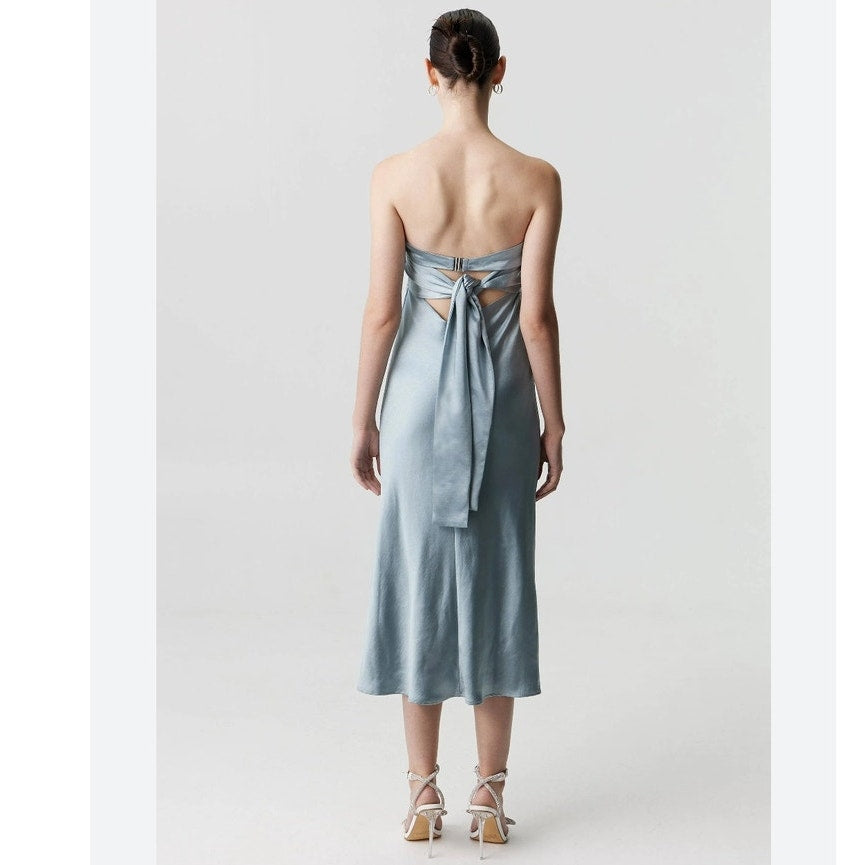 New FREE PEOPLE Third Form Satin Tie Back Strapless Dress $280 SIZE 10 Blue Midi