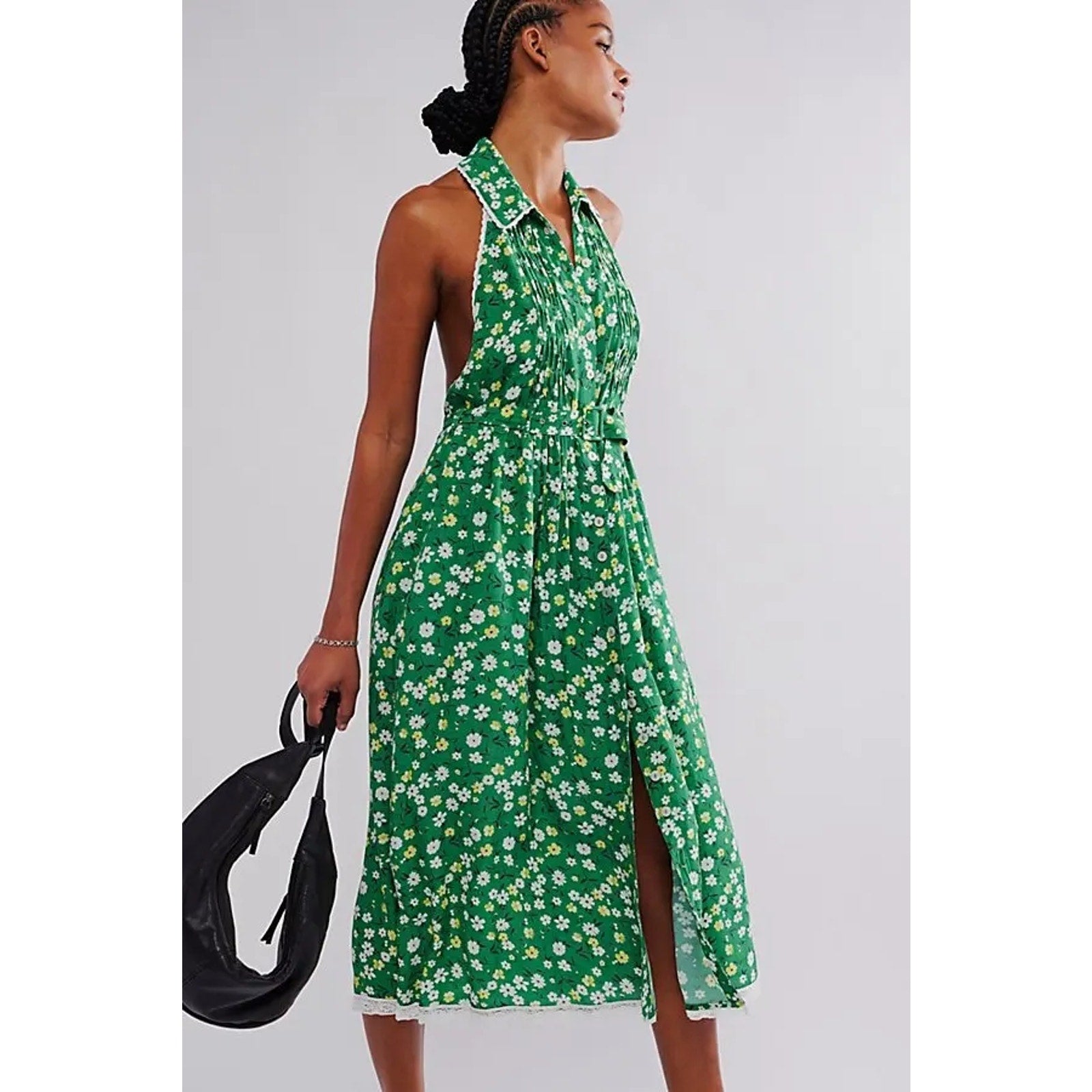 FREE PEOPLE Slice Of Life Halter Midi Dress SMALL Green Floral Boho Free People