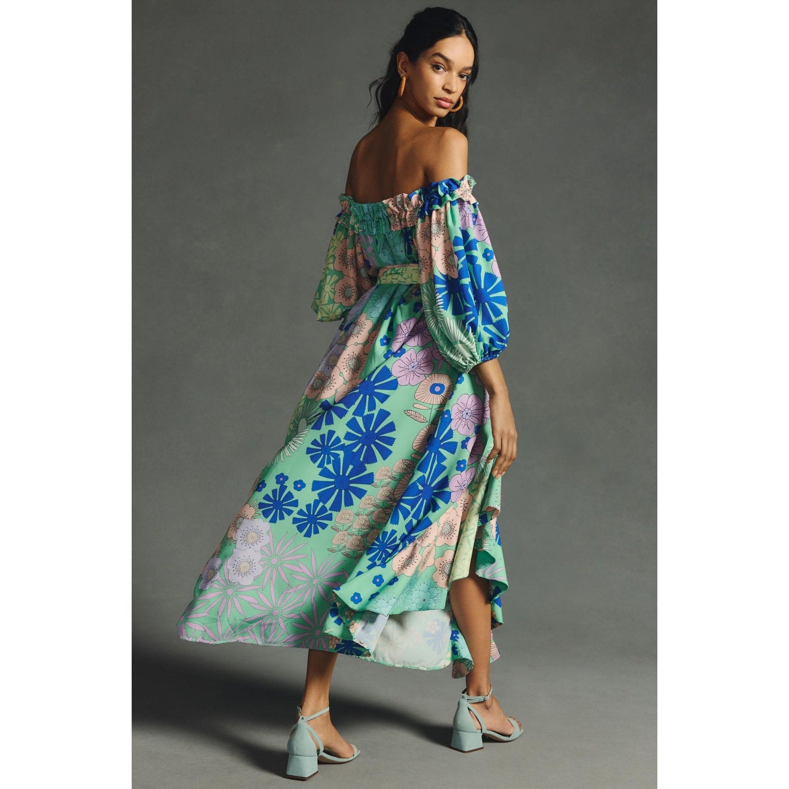 ANTHROPOLOGIE Oopscool Off-The-Shoulder Floral Midi Dress MEDIUM Green Anthropologie