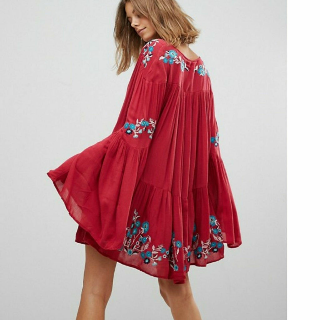 New Free People Te Amo Floral Boho Mini Dress $148 Red Small V-neck Sheer Lined