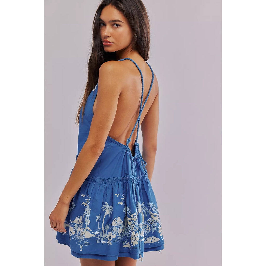 FREE PEOPLE Deserted Island Mini Dress MEDIUM Blue Indigo Combo Free People
