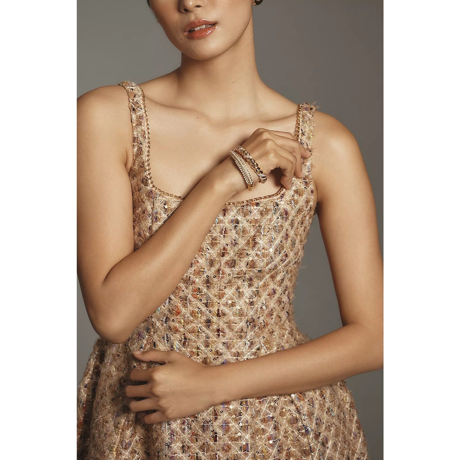 Anthropologie Maeve Tweed Fit & Flare Mini Dress $198 SIZE 10 Neutral Sequin