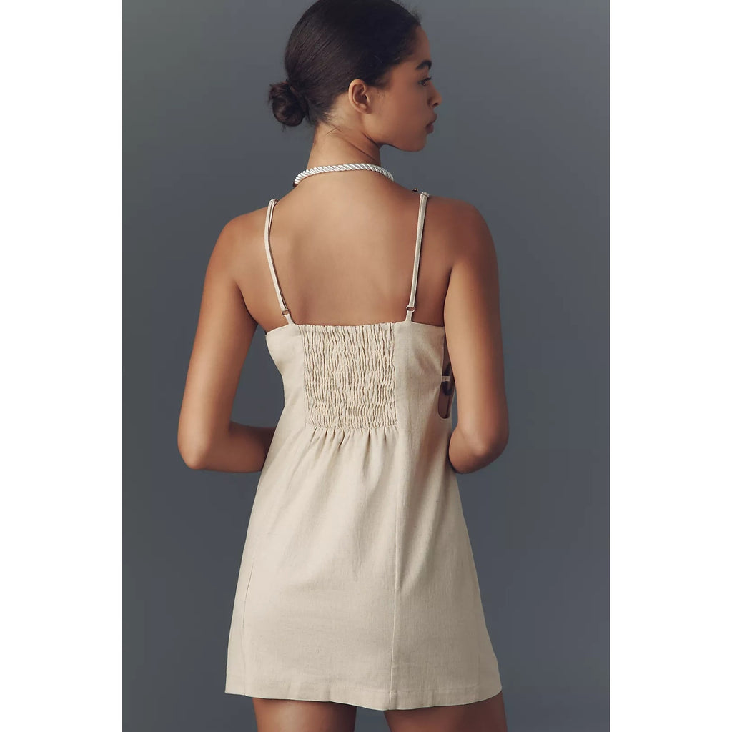By Anthropologie Smocked Linen Blend Mini Dress MEDIUM Tan Anthropologie