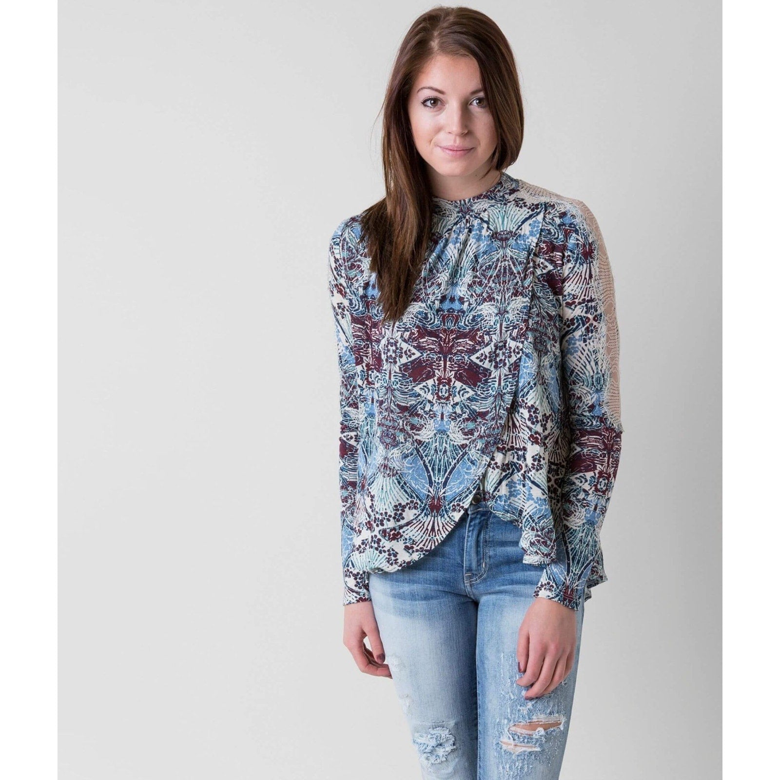New Free People Snow Combo Long Sleeve Tulip Top $88 XS Boho Lace Applique