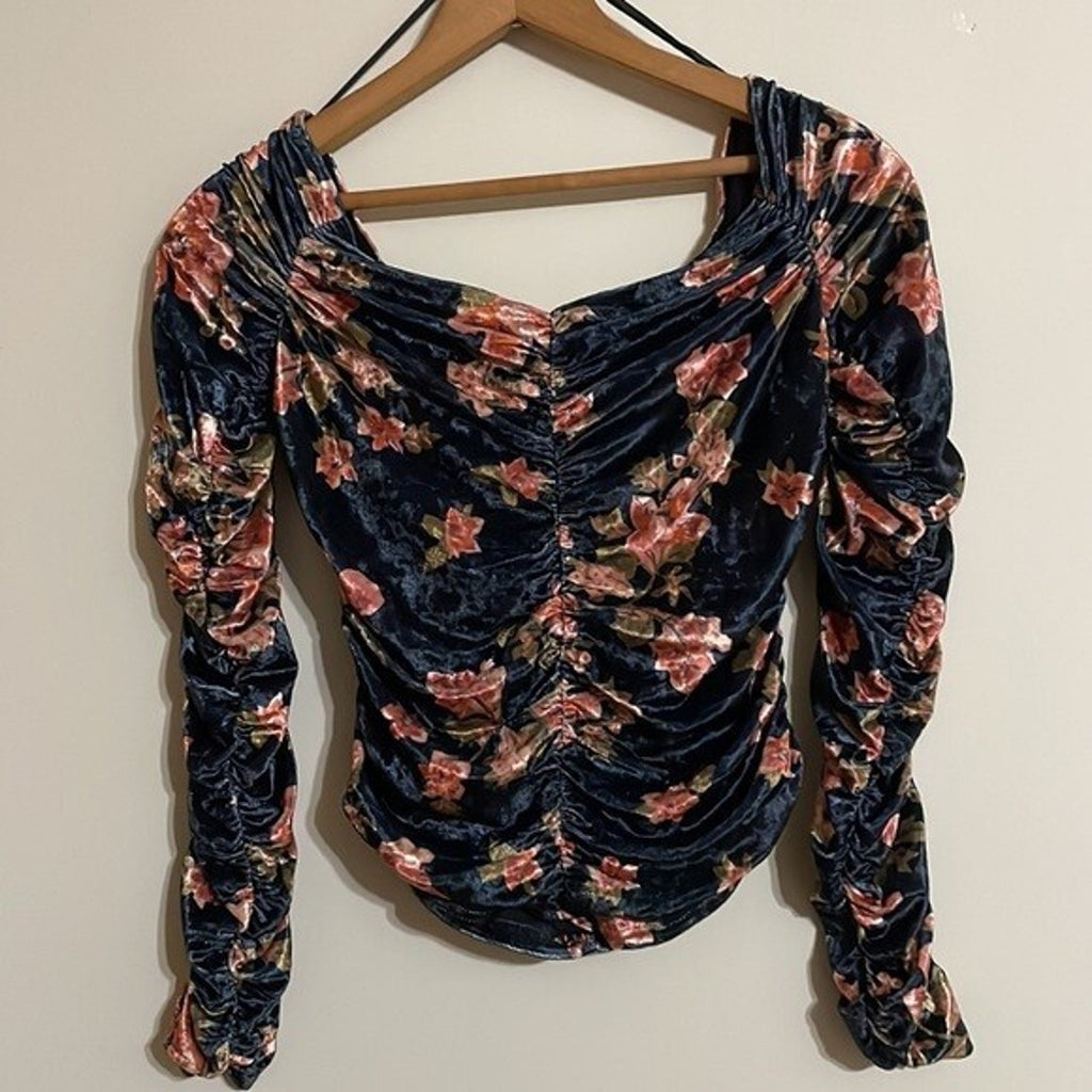 New Free People Reina Top FLORAL VELVET $88 XS Blue Long Sleeve Off The Shoulder