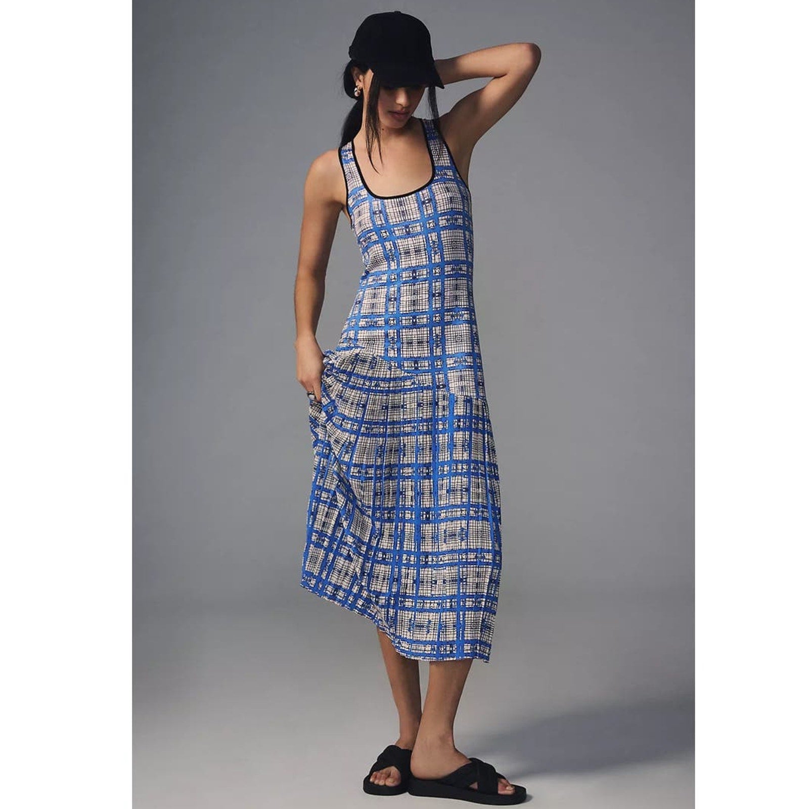 New Anthropologie Dhruv Kapoor Plaid Mesh Midi Dress $210 Blue X-Large Petite