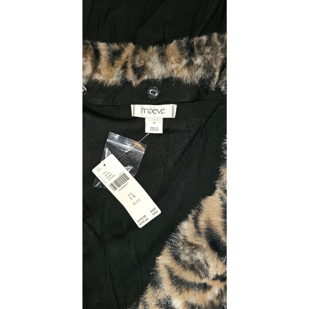 Black mini dress with leopard faux fur trim and maeve label on waistband