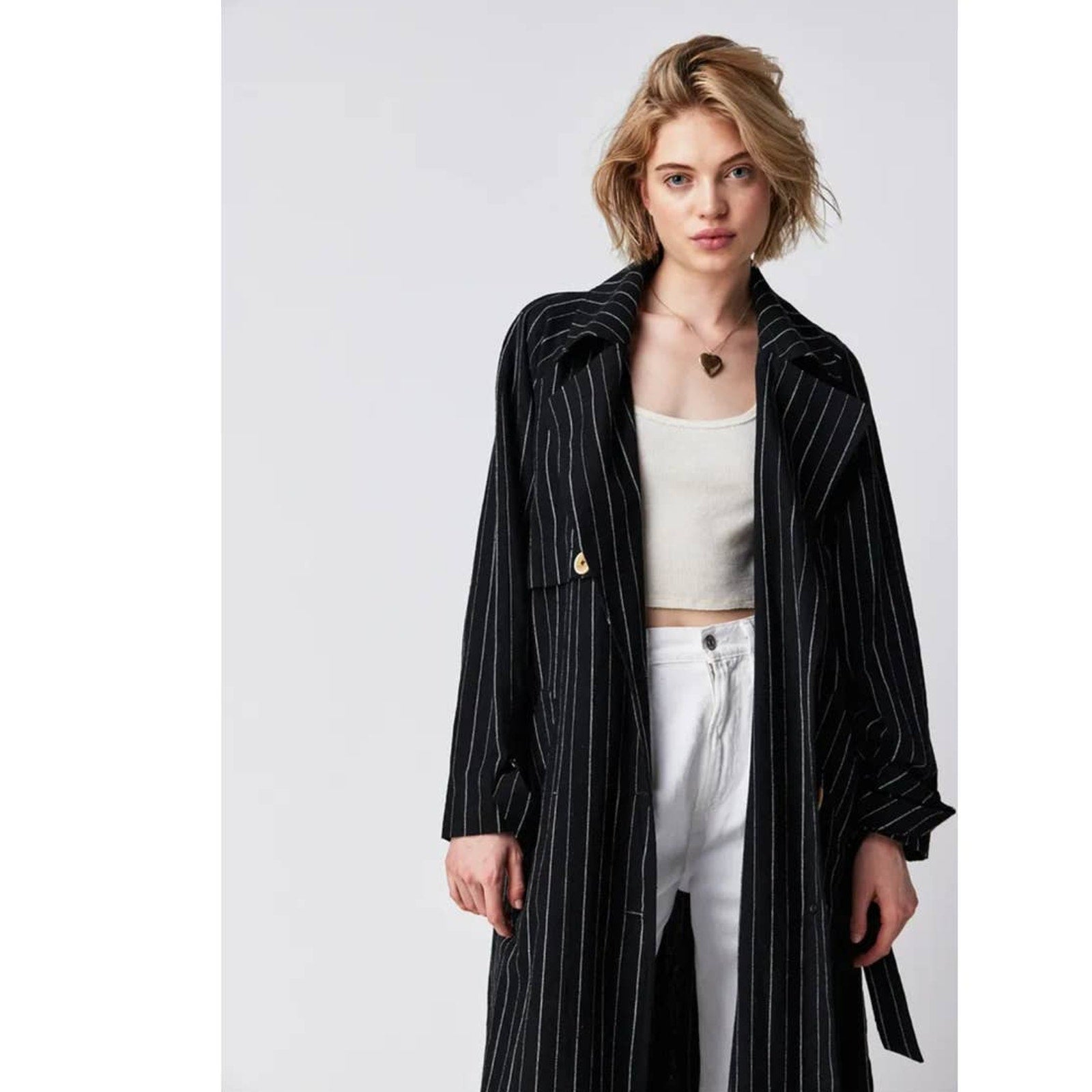 New Free People Melia Mac Coat WTF $228 LARGE Blue Striped Vintage-Inspired