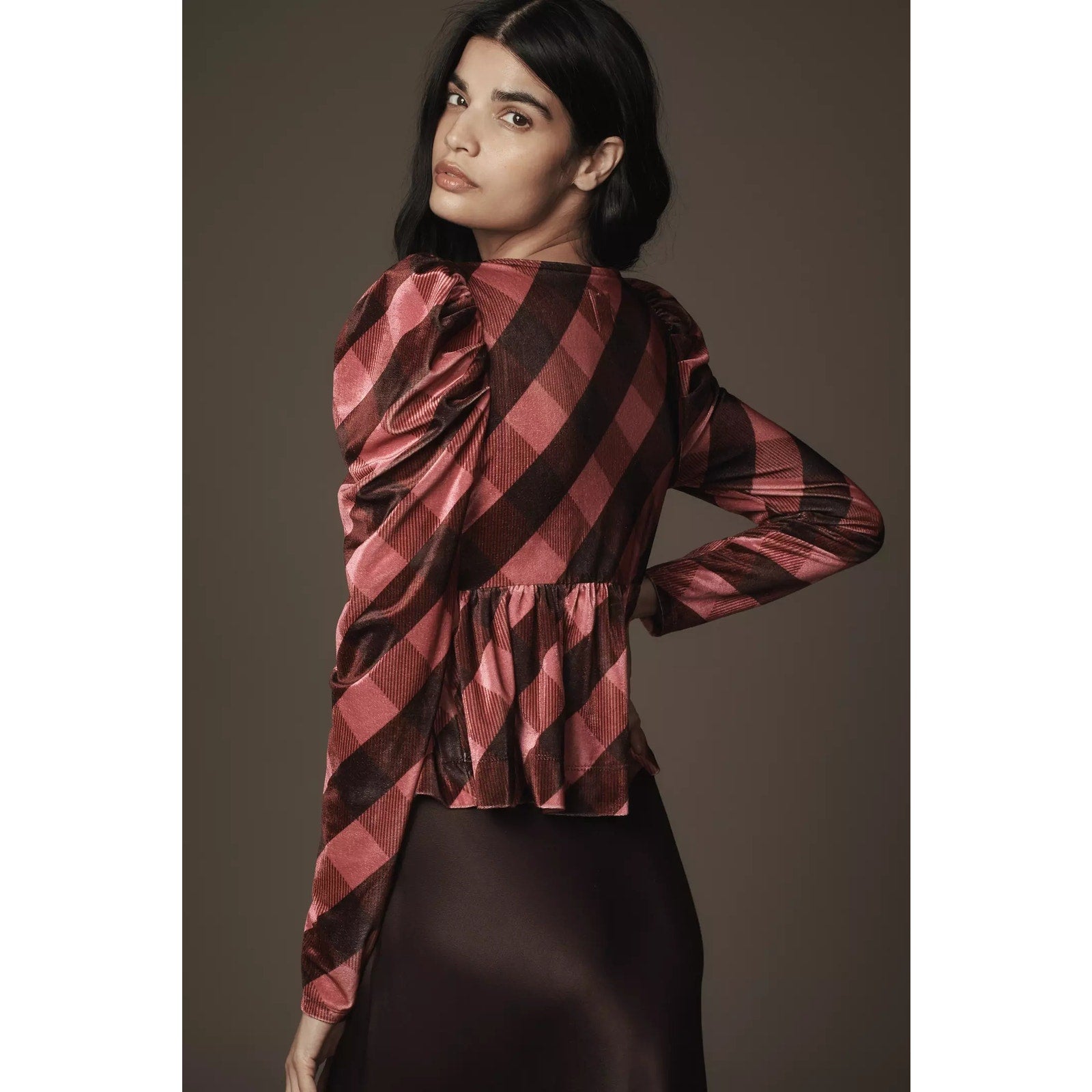 New Anthropologie Maeve Velvet Babydoll Long-Sleeve Top $88 Small Pink Plaid