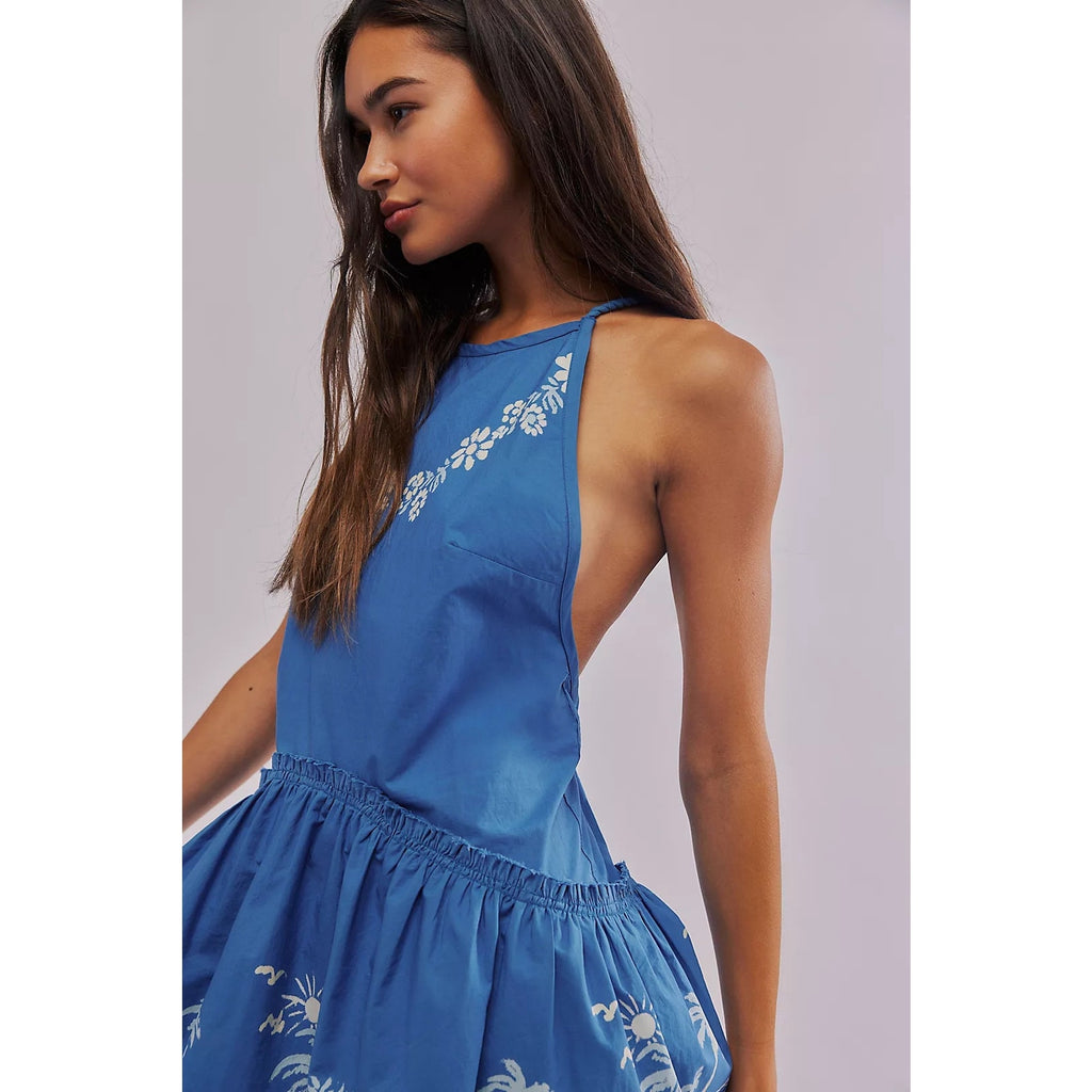 FREE PEOPLE Deserted Island Mini Dress MEDIUM Blue Indigo Combo Free People